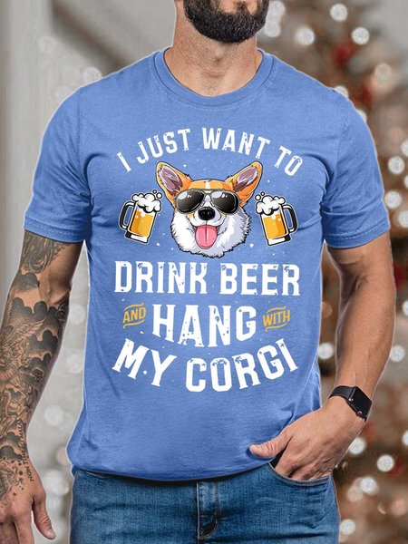 

Men’s I Just Want To Drink Beer And Hang With My Corgi Fit Casual T-Shirt, Light blue, T-shirts
