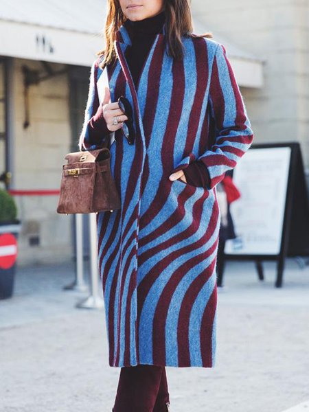 

Urban Stand Collar Loose Striped Overcoat, Blue, Coats