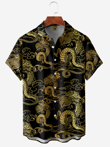 

Ukiyo-e Black Gold Dragon Chest Pocket Short Sleeve Shirt, Men Shirts