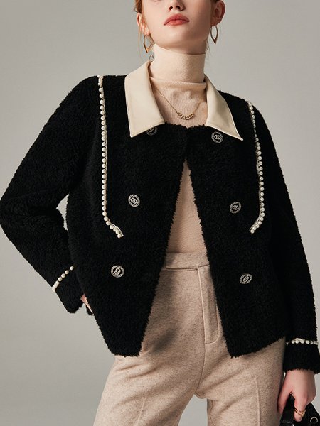 

Elegant Shawl Collar Plain Loose Teddy Jacket, Black, Coats
