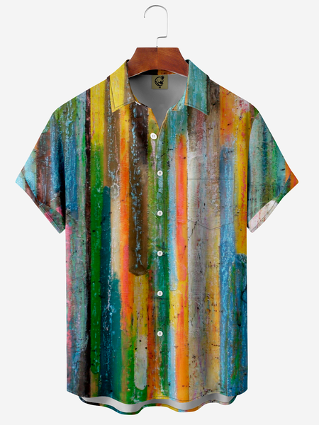 

Wooden Stripe Art Chest Pocket Short Sleeve Shirt, Blue, Men Shirts