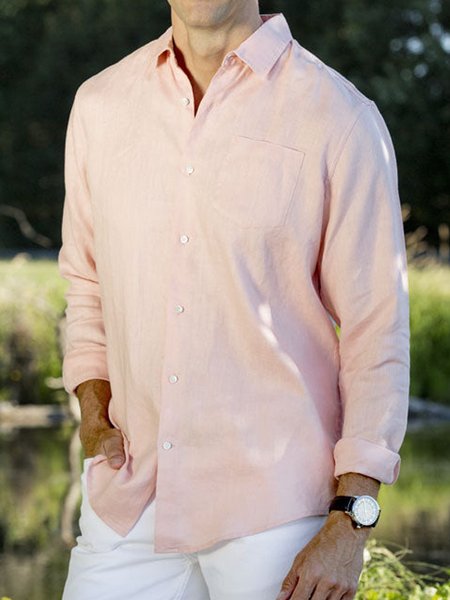 

Cotton And Linen Chest Pocket Long Sleeve Shirt, Pink, Long Sleeve Shirts
