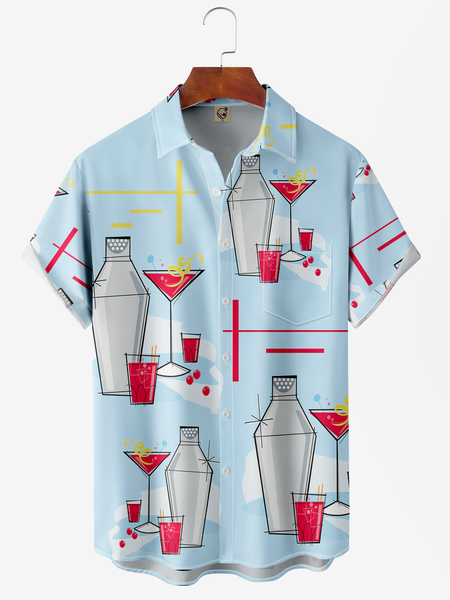 

Cocktail Chest Pocket Short Sleeve Hawaiian Shirt, Blue, Men Shirts