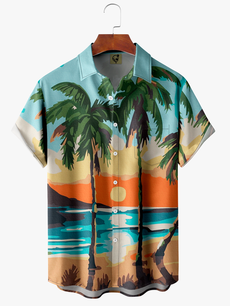 

Coconut Tree Chest Pocket Short Sleeve Hawaiian Shirt, Blue, Men Shirts