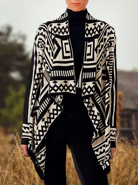 

Wool/Knitting Boho Loose Ethnic Sweater Coat, Black, Cardigans