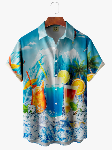 

Cocktail Party Funky Chest Pocket Short Sleeve Hawaiian Shirt, Blue, Men Shirts