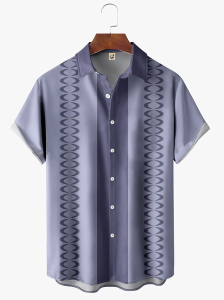 

Gradient Color Geometric Short Sleeve Bowling Shirt, Blue, Men Shirts