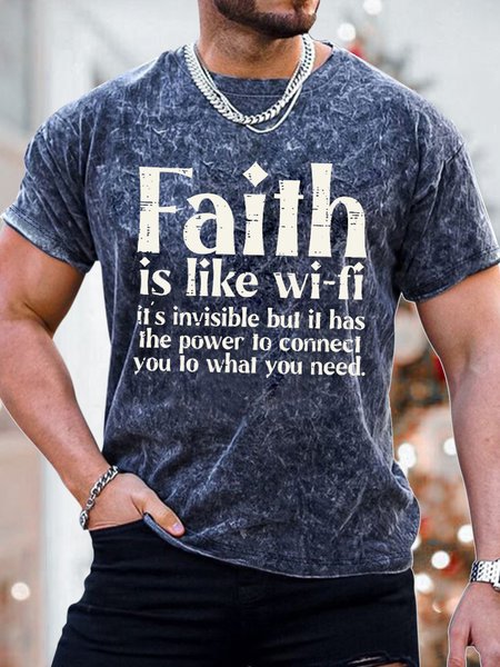 

Men's Faith Is Like Wifi Funny Graphics Print Casual Crew Neck Text Letters Loose T-Shirt, Dark blue, T-shirts