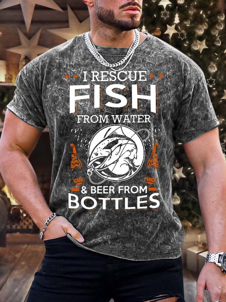 

Men’s I Rescue Fish From Water And Beer From Bottles Casual Crew Neck T-Shirt, As picture, T-shirts
