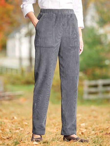 

Women Autumn Winter Casual Plain Pockets Elastic Waist Corduroy Pants, Gray, Pants