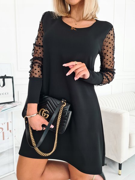 Urban Plain Lace Crew Neck Loose Dress, Black, Mini Dresses