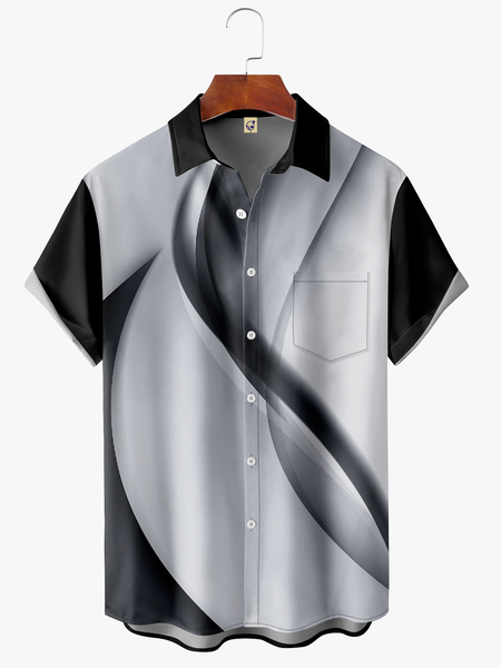 Abstract Lines Chest Pocket Short Sleeve Casual Shirt, Black, Men Shirts