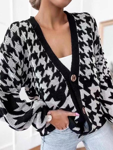 

Houndstooth Casual Loose V Neck Teddy Jacket, Black-white, Coats
