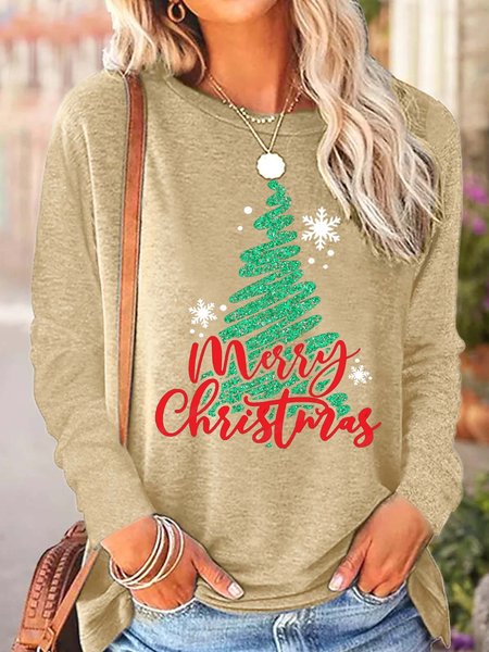 

Women’s Merry Christmas Tree Pattern Casual Loose Top, Beige, Long sleeves