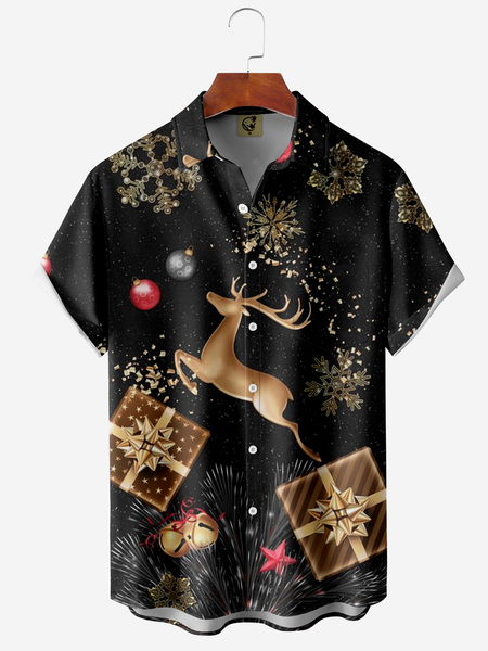 

New Year's Chest Pocket Short Sleeve Shirt, Black, Men Shirts