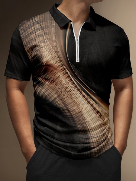 

3D Gradient Geometric Zip Short Sleeve Polo, Black, Men's t-shirts