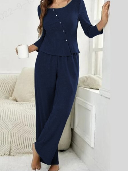 

Women Two Piece Plain Outfit Set Long Sleeve Crewneck Pullover Button Top and Wide Leg Pants, Navyblue, Suits