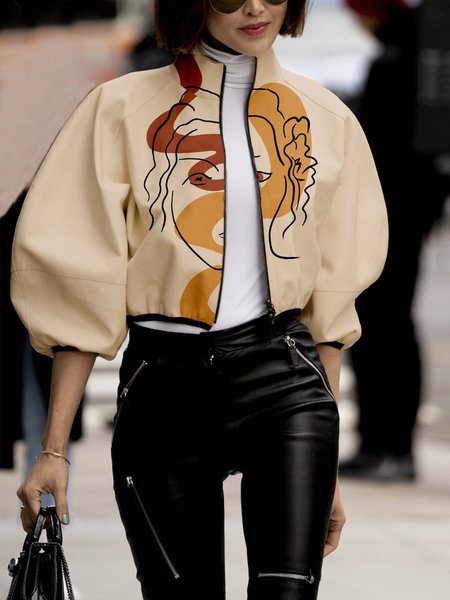 

Stand Collar Urban Abstract Loose Jacket, Beige, Jackets