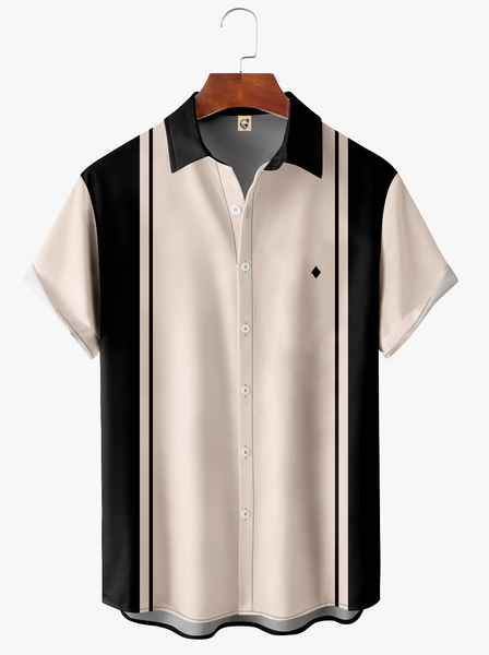 

Color Block Chest Pocket Short Sleeve Bowling Shirt, Khaki, Men Shirts