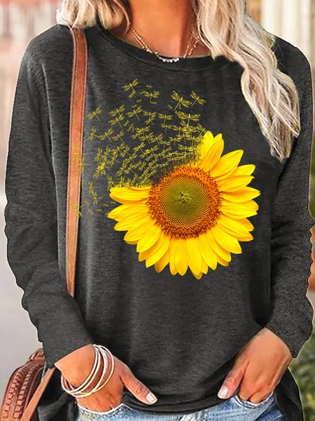 

Women's dragonfly Sunflower Print Top, Gray, Long sleeves