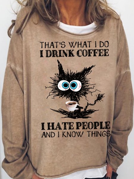 

Women's Funny Coffee Lover Grumpy Cat Letter Crew Neck Casual Sweatshirt, Light brown, Hoodies&Sweatshirts