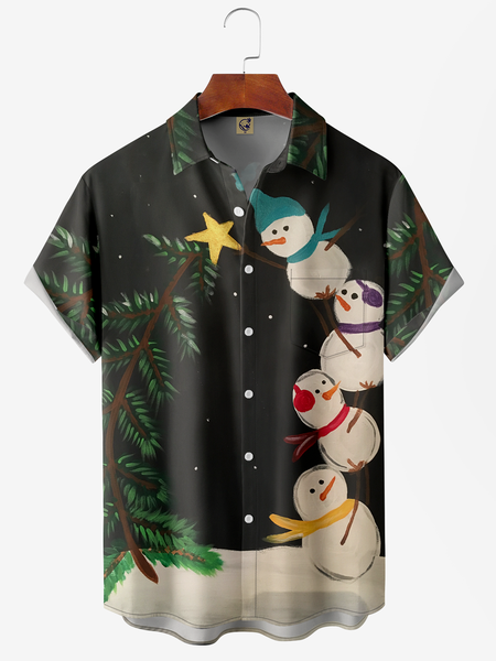 

Christmas Snowman Chest Pocket Short Sleeve Casual Shirt, Black, Men Shirts