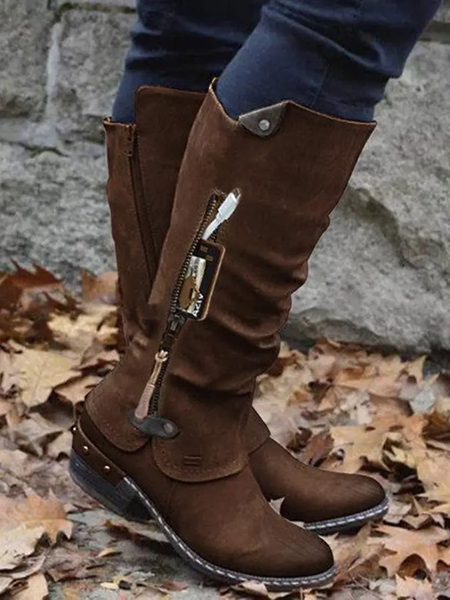 

Vintage Casual Pleated Zip Riding Boots, Coffee, Boots