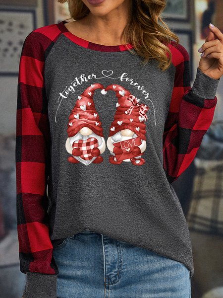 

Valetnines Together Forever Gnome Heart Womens Long Sleeve Buffalo Plaid T-Shirt, Gray, Long sleeves