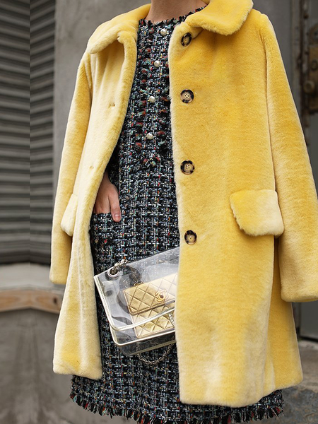 

Loose Plain Urban Shirt Collar Long sleeve Teddy Mid-long Jacket, Yellow, Coats