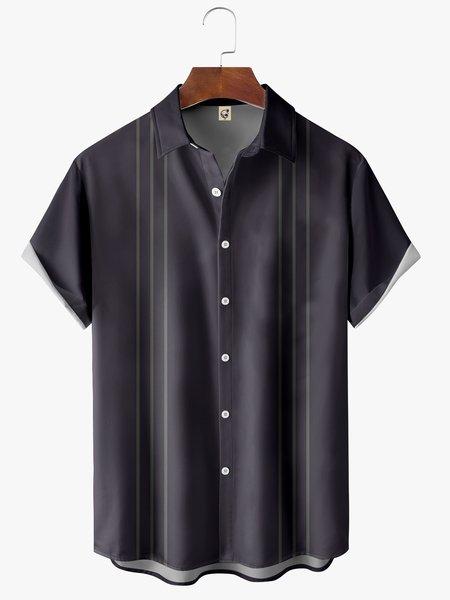 

Contrasting Colors Stripe Short Sleeve Bowling Shirt, Black, Men Shirts