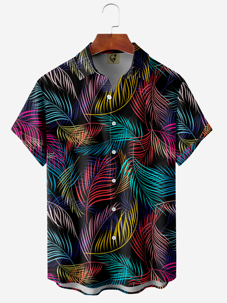 

Palm Leaves Chest Pocket Short Sleeve Hawaiian Shirt, Black, Men Shirts