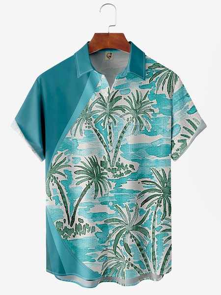 

Ink Painting Coconut Tree Chest Pocket Short Sleeve Hawaiian Shirt, Blue, Men Shirts