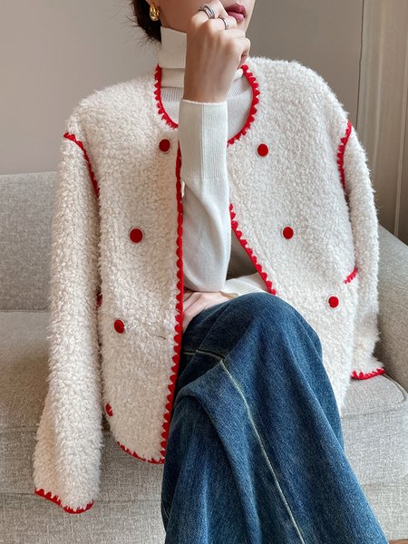 

Elegant Crew Neck Buttoned Color Block Teddy Jacket, White, Coats