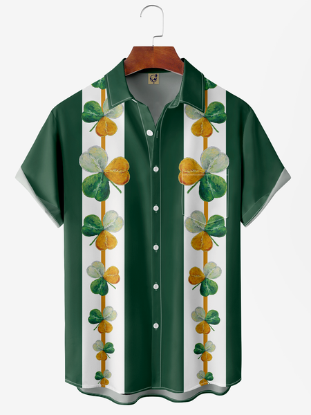 Clover Chest Pocket Short Sleeve Bowling Shirt, Green, Men Shirts