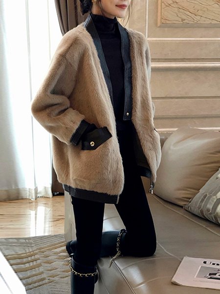 

Loose Casual Long sleeve Plain Teddy Jacket, Coffee, Coats