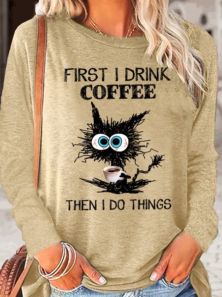 

Women's Funny Grumpy Cat Coffee Letter Crew Neck Casual Top, Apricot, Long sleeves