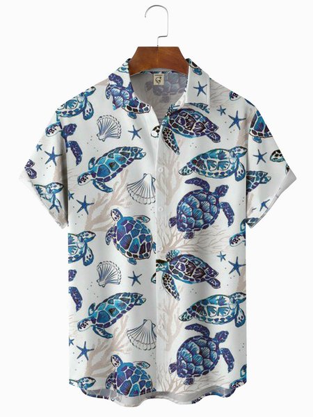

Sea Turtle Chest Pocket Short Sleeve Hawaiian Shirt, White, Men Shirts