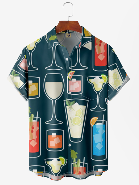 

Cocktail Chest Pocket Short Sleeve Hawaiian Shirt, Blue, Men Shirts
