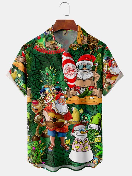

Santa Claus Surfing Chest Pocket Short Sleeve Hawaiian Shirt, Green, Men Shirts