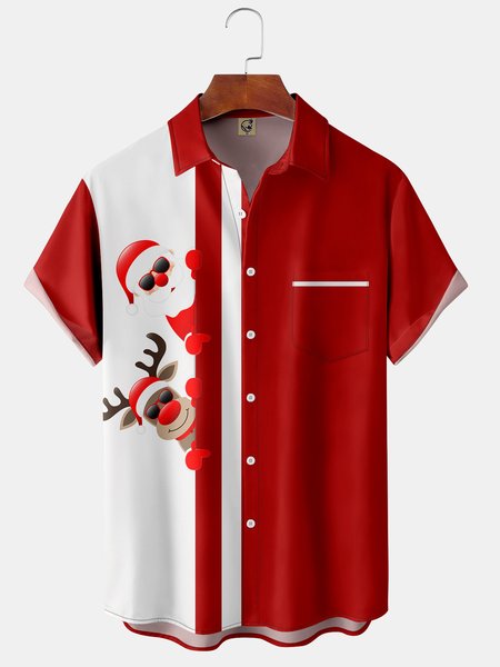 

Santa Claus Christmas Deer Chest Pocket Short Sleeve Shirt, Red, Men Shirts