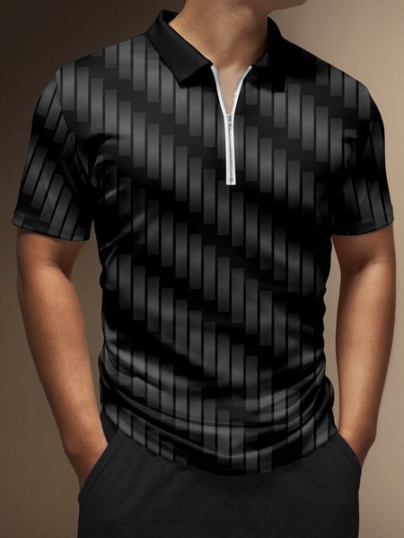 3D Gradient Geometric Zip Short Sleeve Polo, Black, Polo Shirts