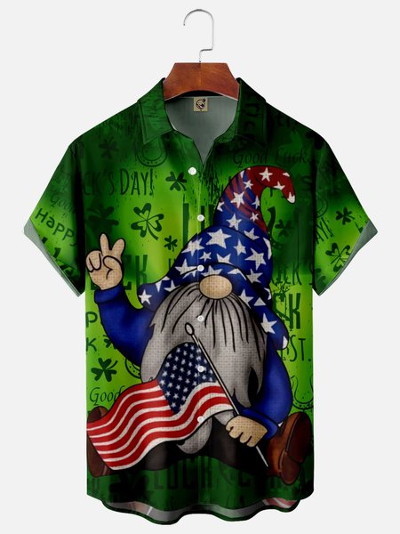 

St Patricks Day Shamrock Gnome Chest Pocket Short Sleeve Shirt, Green, Men Shirts