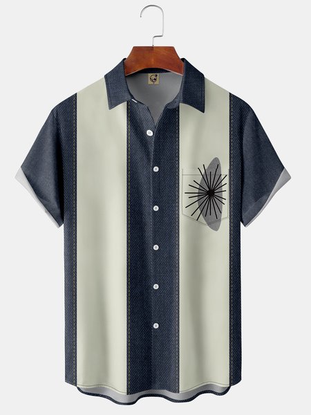 

Geometric Chest Pocket Short Sleeve Shirt, Blue, Men Shirts