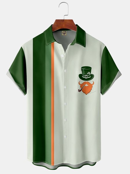 

St. Patrick's Day Chest Pocket Short Sleeve Bowling Shirt, Green, Men Shirts