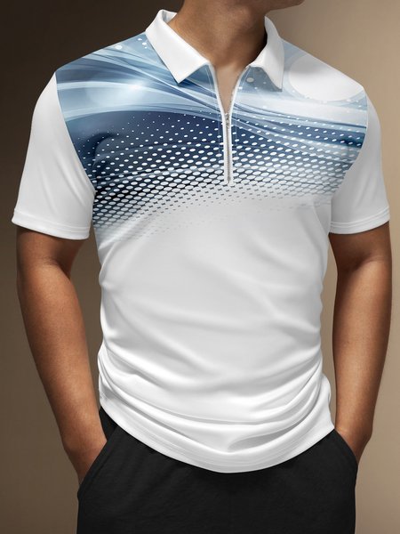 

Gradient Geometric Polka Dot Zip Short Sleeve Polo, White, Polo Shirts