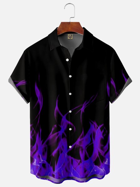 

Art Flame Chest Pocket Short Sleeve Shirt, Purple, Men Shirts
