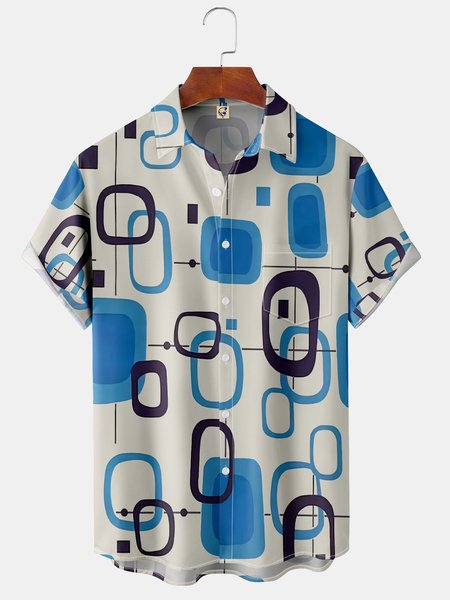 

Geometric Chest Pocket Short Sleeve Shirt, Blue, Men Shirts