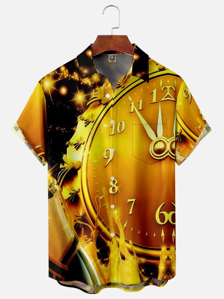 

New Year's Clock Chest Pocket Short Sleeve Shirt, Yellow, Short Sleeve Shirts