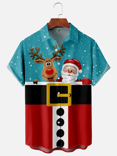 

Santa Claus Christmas Deer Chest Pocket Short Sleeve Shirt, Red, Men Shirts