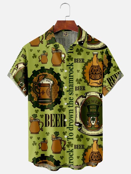 

St. Patrick's Day Chest Pocket Short Sleeve Casual Shirt, Green, Men Shirts